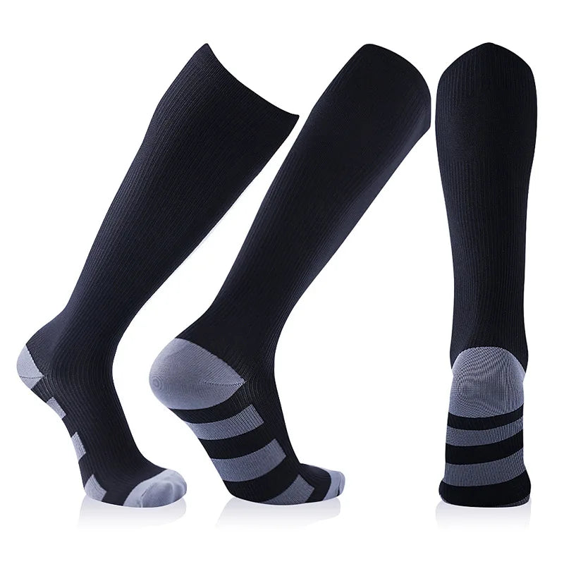 Black Showlu Fashion Store compression socks for men and women, designed for football, sport, and pain relief, with 20-30 mmHg compression