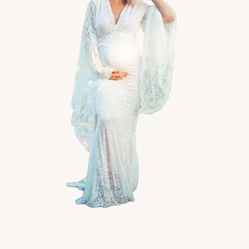Elegant white lace maternity gown by Showlu Fashion Store, long sleeve maxi dress for pregnant women, perfect for photoshoots.