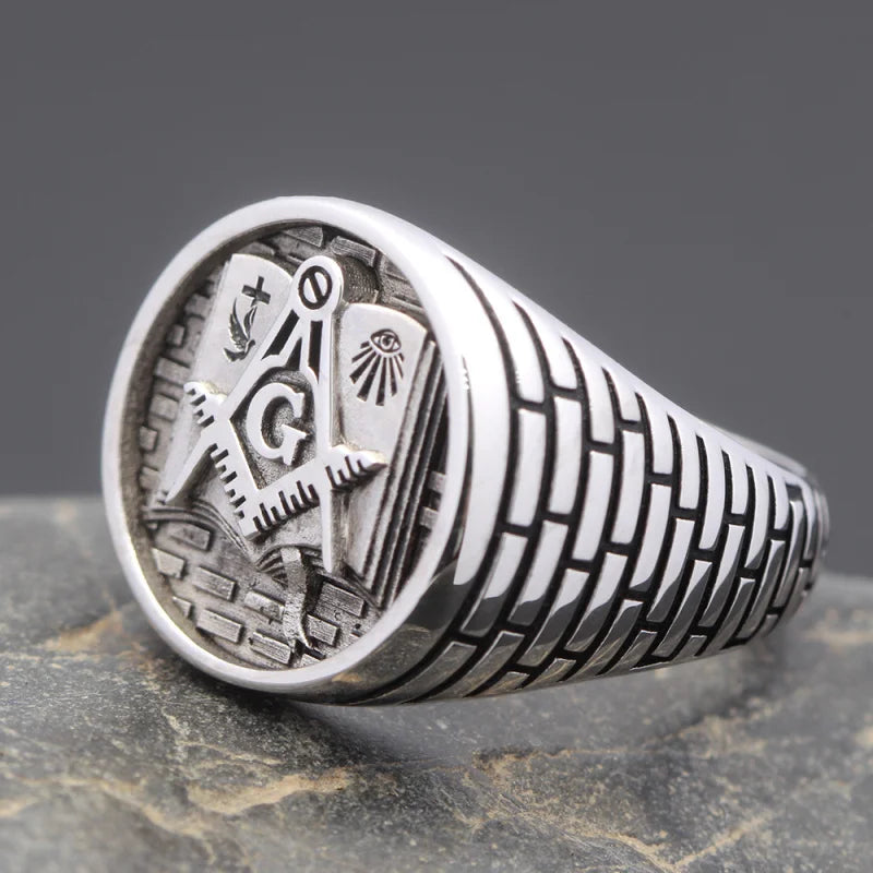 Sterling silver Masonic ring with Holy Bible design, suitable for men and women, featuring intricate Freemason symbols.