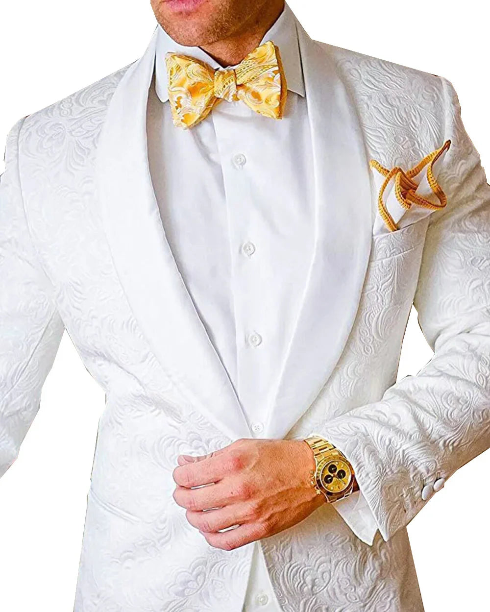 Men's white jacquard tuxedo by SHOWLU FASHION STORE, slim fit 2-piece wedding suit with elegant jacquard pattern and tailored design.