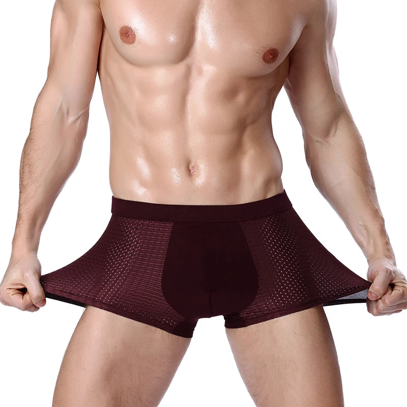Men's bamboo fiber boxer shorts in a 4-pack, breathable plus size underwear, shown in black and gray, comfortable and eco-friendly.