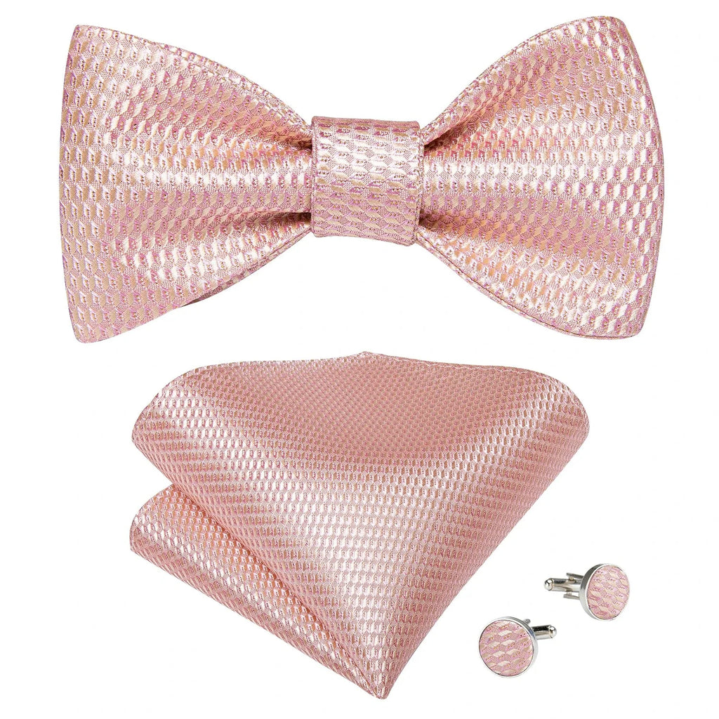 Pink plaid silk self-tie bow tie set with brooch and handkerchief, stylish accessory from SHOWLU FASHION STORE