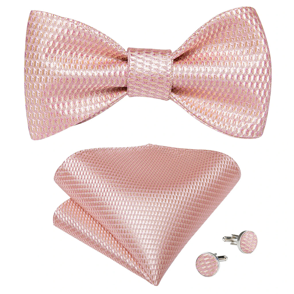 DiBanGu men's pink solid bow tie set with pocket square and cufflinks for wedding, stylish formal accessories by Showlu Fashion Store