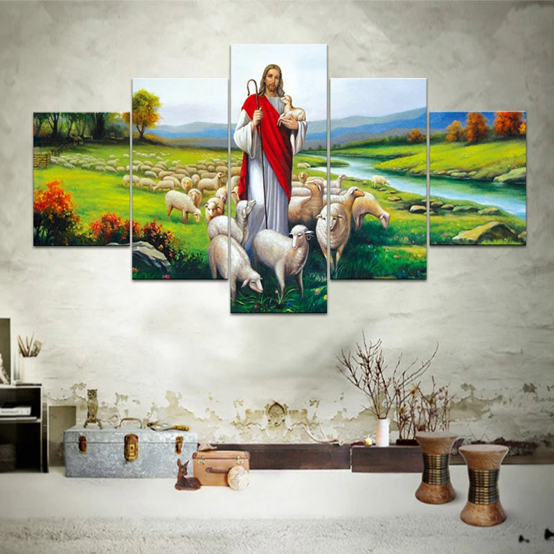 Showlu Jesus and sheep 5-piece canvas wall art set featuring Christian faith-themed religious decor with vibrant images.
