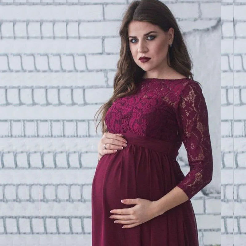 Lace maternity photography dress by SHOWLU FASHION STORE featuring floral chiffon fabric for a photo shoot.