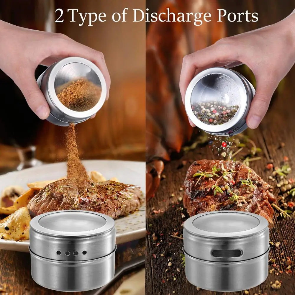 Magnetic stainless steel spice jar set by Showlu Smart General, with labeled jars attached to a magnetic kitchen storage rack.