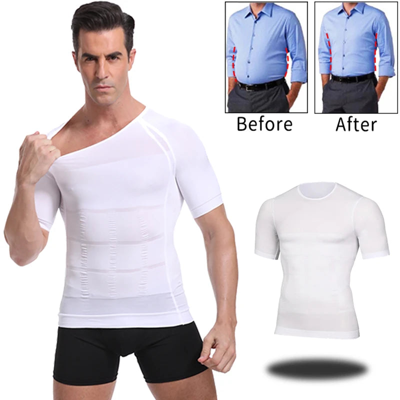 Classix men's slimming compression T-shirt by Showlu Fashion, close-up of black body-toning shirt with fitted design