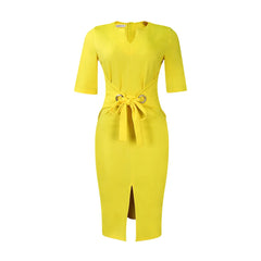 D3229 Foreign Trade Women's Dress 2023 Autumn V-neck Solid Color Bag Temperament Elegant Ol Tongle Pencil Skirt African