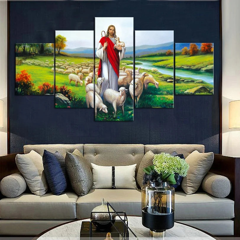 Showlu Jesus and sheep 5-piece Christian faith canvas wall art set with religious scenes and pastoral imagery.
