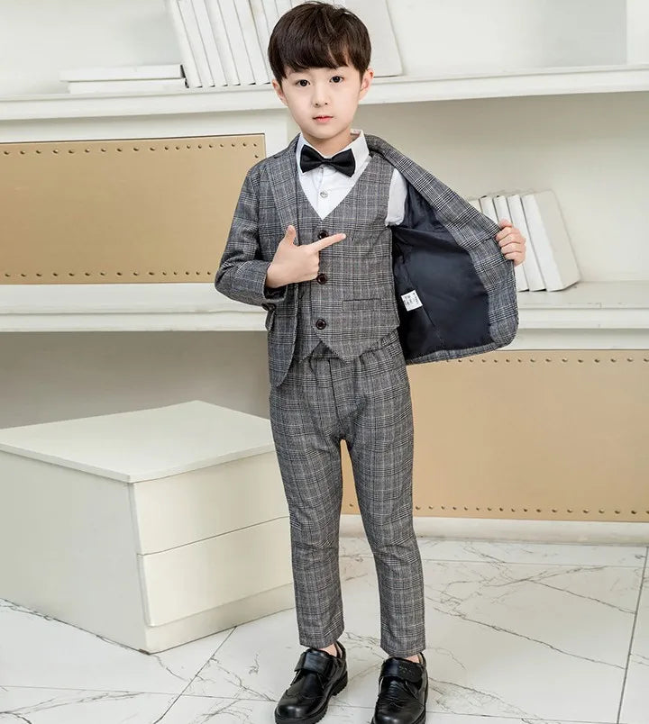 Boys formal plaid wedding suit set with blazer and pants from LUOBOBEIBEI, featuring a classic design for special occasions
