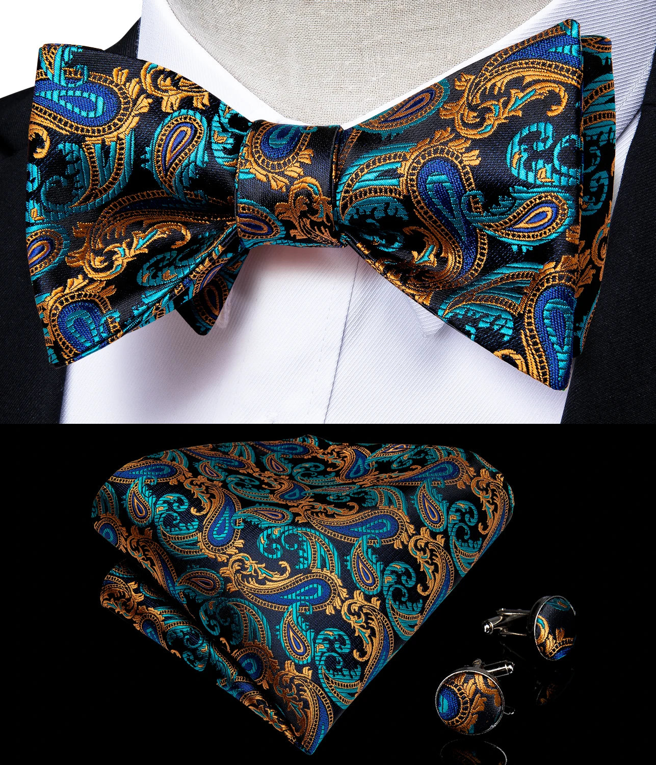 Brand New Men's Bow Tie Teal Green Blue Paisley Floral Silk Bow Tie Wedding Party Butterfly Bowknot Men Tie Accessories DiBanGu