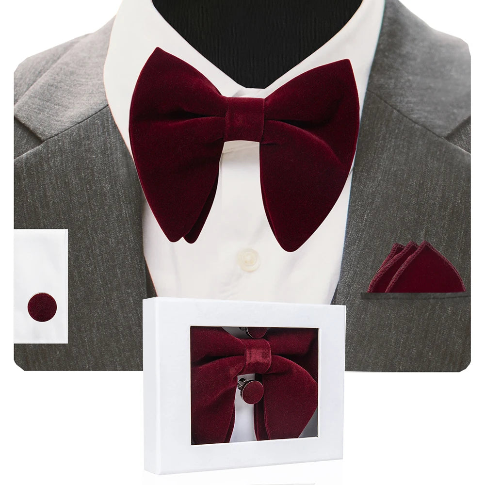 GUSLESON Velvet Big Bow Tie Men's Bowties Pocket Square Cufflinks Set with Gift Box Solid Red Yellow Necktie For Man Wedding