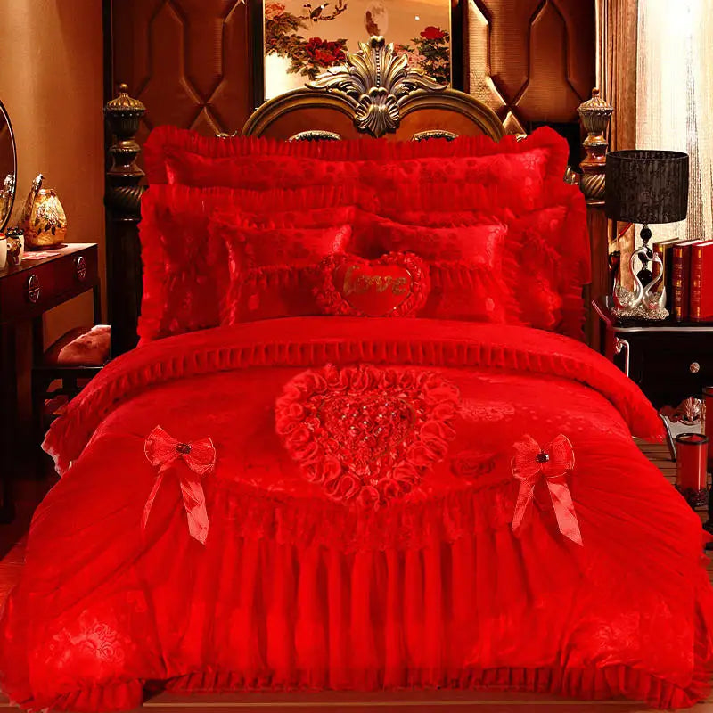 Red Jacquard Satin Cotton Bedding Set, Luxury Chinese Wedding Princess Heart-Shaped Lace Duvet Cover, Bed Sheet, Pillowcases