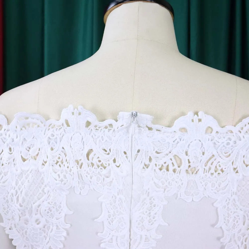 Women’s white lace bodycon dress with mesh patchwork, elegant midi length, half sleeves, suitable for office or party wear.