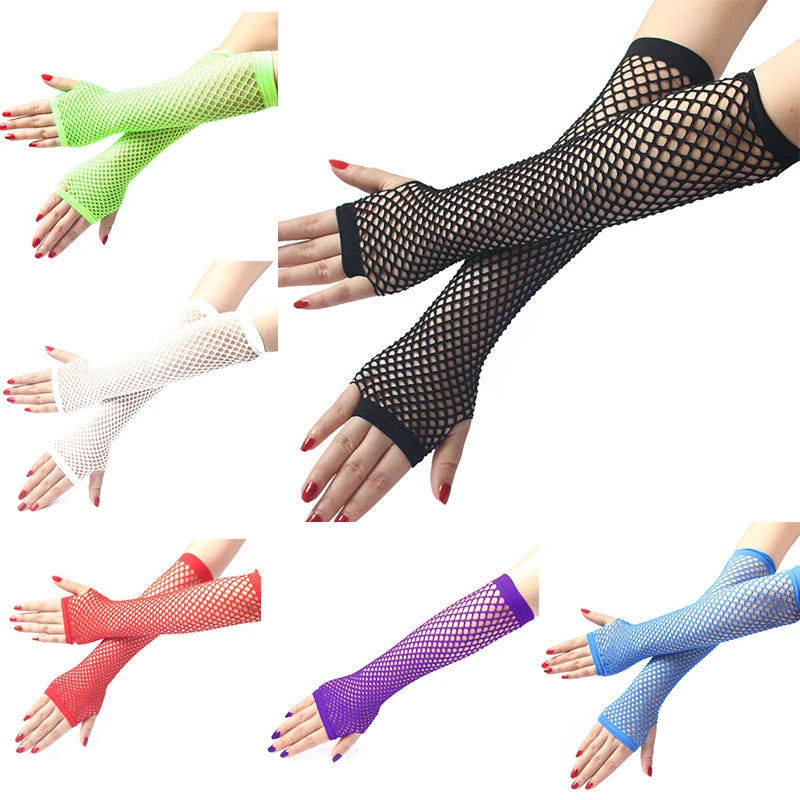 Women’s neon fishnet fingerless long gloves and arm warmers, fashionable party wear by Showlu Fashion Store.