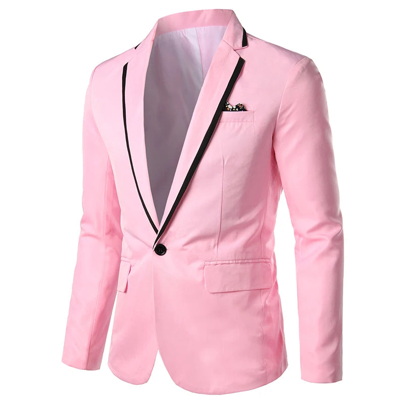 Men's slim casual blazer in pink, black, or white with one button, stylish outerwear for spring and autumn, available in 5XL.