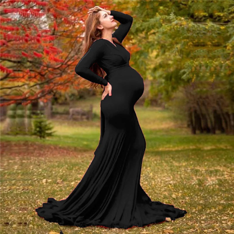 SHOWLU V-neck long sleeve maternity dress ideal for photography and baby showers, featuring comfortable fabric and elegant style.