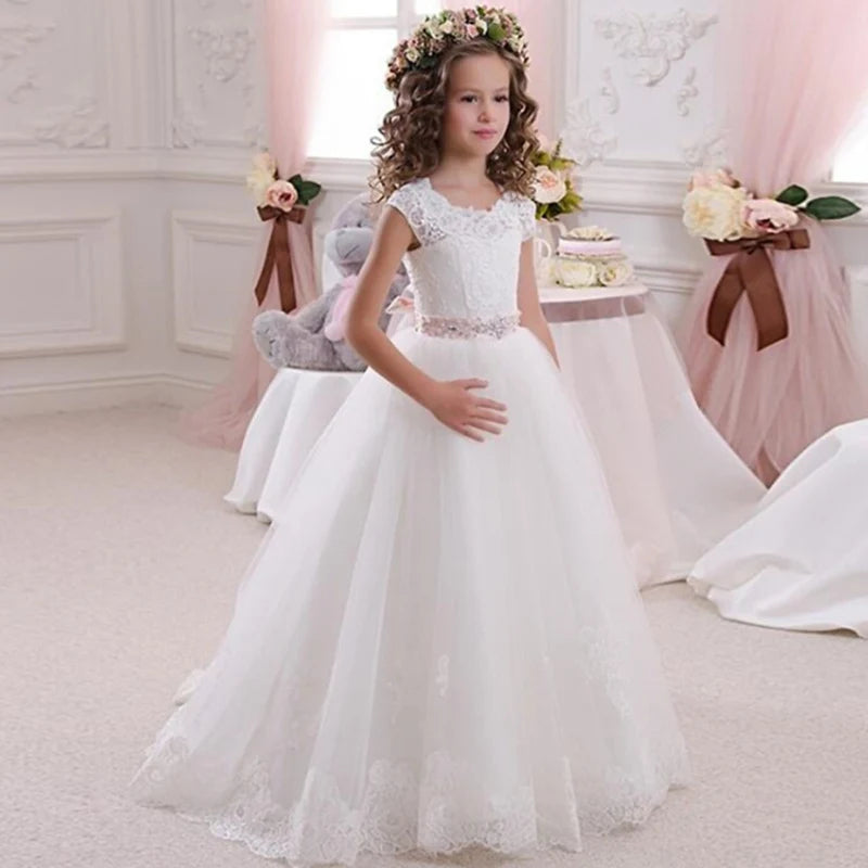 White flower girl dress with lace appliqué and beaded details, first communion gown for young girls by Gdybao from Showlu Fashion Store
