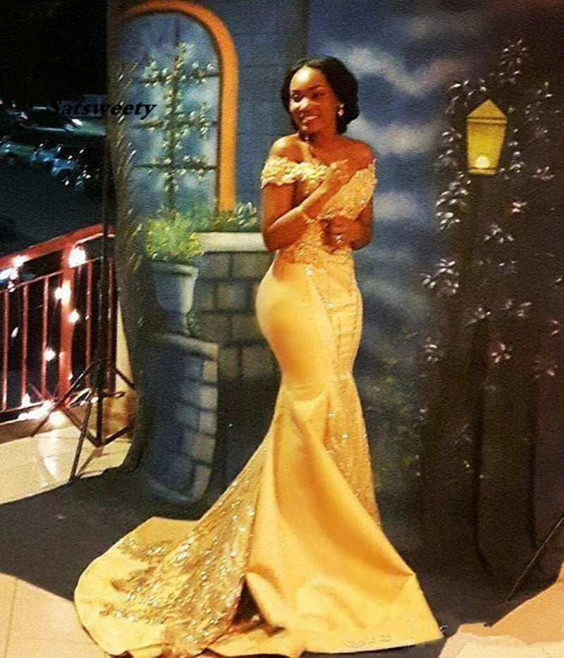 Yellow satin mermaid evening gown by SHOWLU FASHION STORE, beaded Arabic prom dress with elegant flowing design.