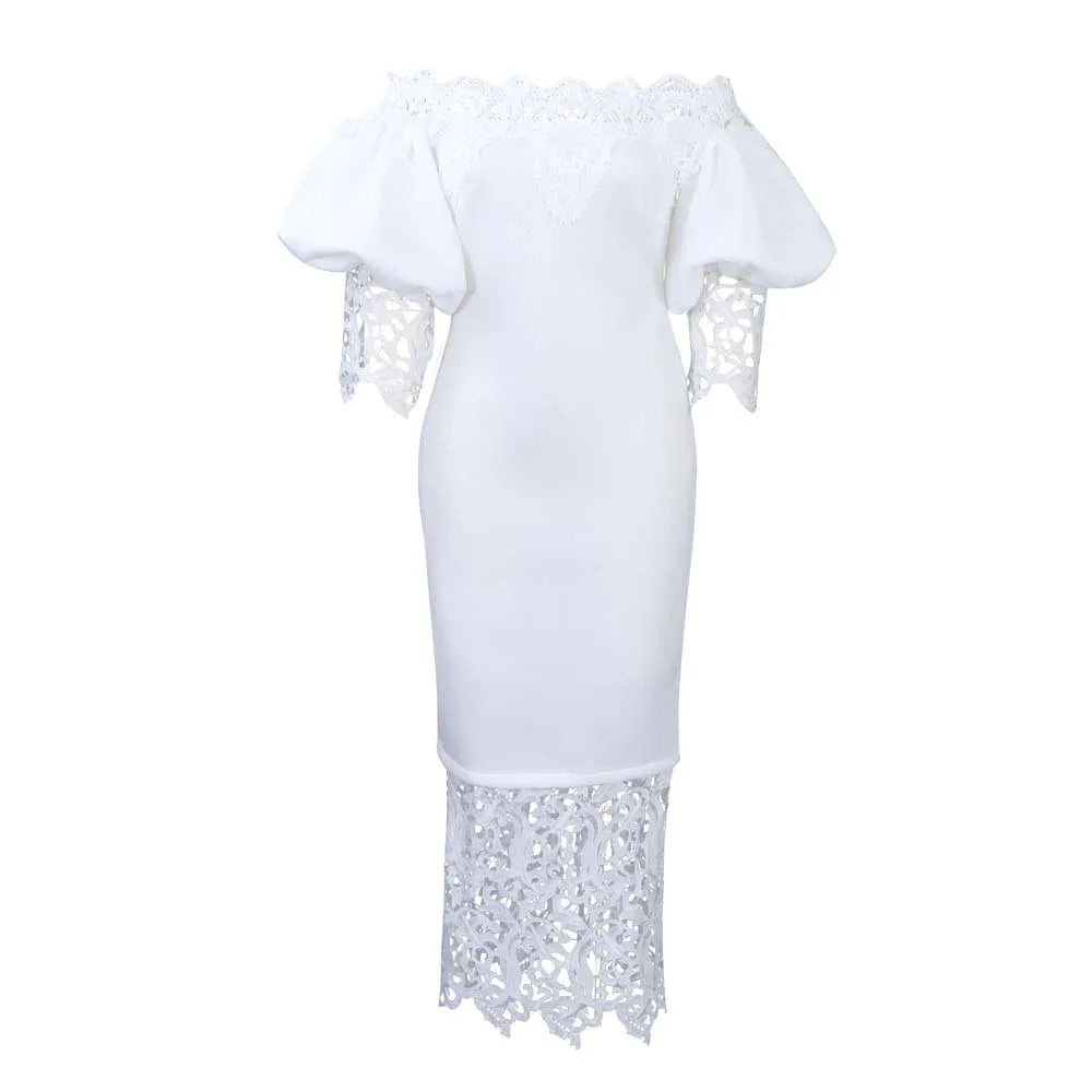 Women’s white mesh patchwork lace bodycon dress with half sleeves, elegant midi length for office or party wear, by Showlu Fashion.