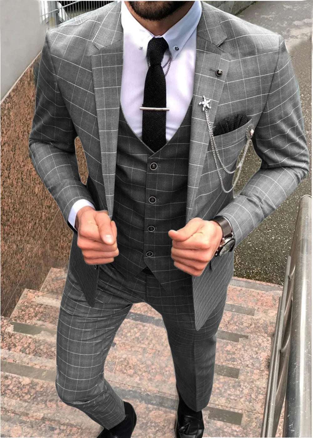 Elegant Men's Suit 3 Pieces Plaid Business Casual Notch Lapel Tuxedos Groomsmen Men Suits for Wedding(Blazer+vest+Pants)