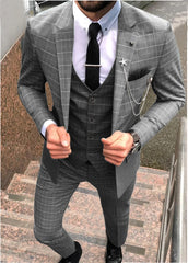Elegant Men's Suit 3 Pieces Plaid Business Casual Notch Lapel Tuxedos Groomsmen Men Suits for Wedding(Blazer+vest+Pants)