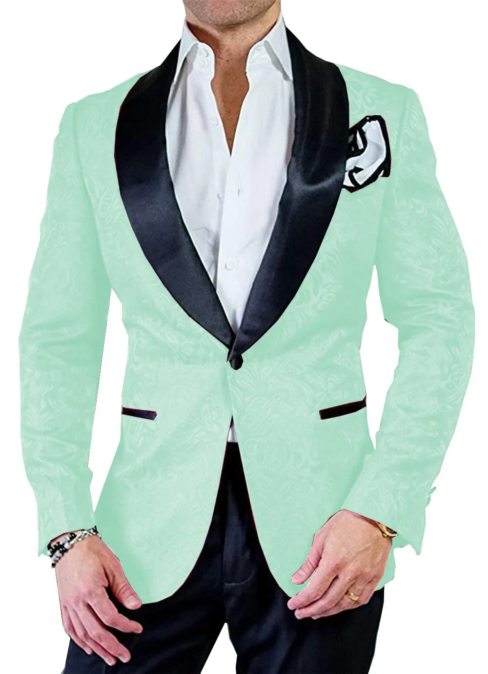 Men's white jacquard tuxedo from SOLOVEDRESS by SHOWLU FASHION STORE, 2-piece skinny fit wedding suit, detailed fabric pattern.