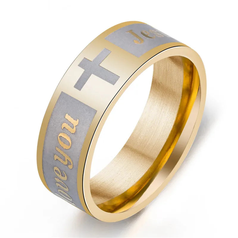 Unisex Mango Sky Titanium Steel Christian Cross Bible Ring with 8mm band, featuring a detailed cross design on a sleek metal surface.