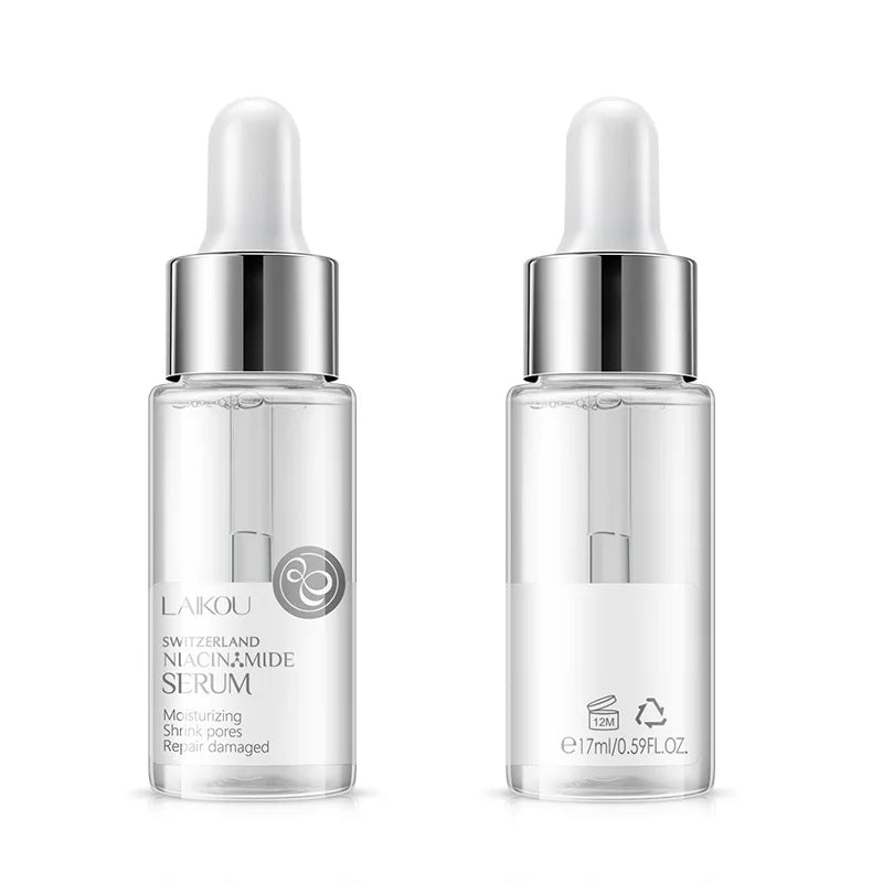 LAIKOU Nicotinamide Serum for face, featuring a clear ampoule bottle with dropper, promoting whitening, moisturizing, and anti-aging skin care
