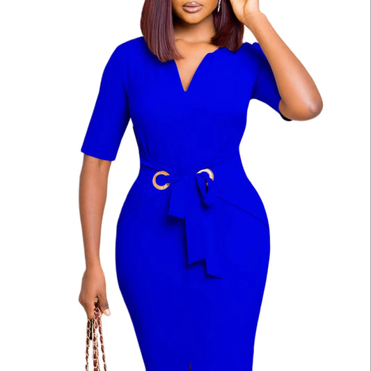 D3229 Foreign Trade Women's Dress 2023 Autumn V-neck Solid Color Bag Temperament Elegant Ol Tongle Pencil Skirt African