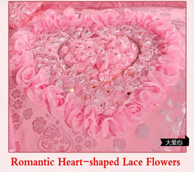Red Jacquard Satin Cotton Bedding Set, Luxury Chinese Wedding Princess Heart-Shaped Lace Duvet Cover, Bed Sheet, Pillowcases