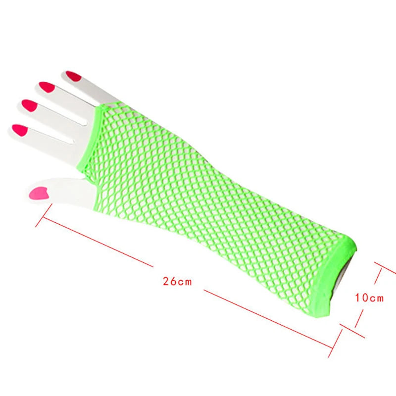 Women’s neon fishnet fingerless long gloves and arm cuffs, stylish party wear and sexy arm warmers from Showlu Fashion Store.