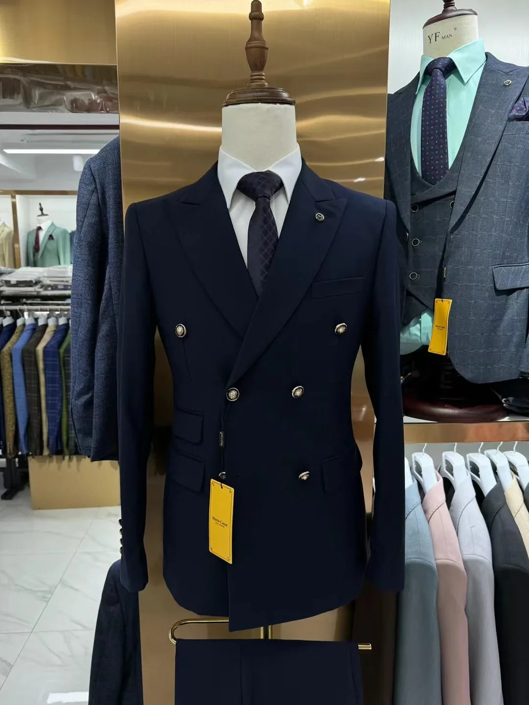 Men's black double-breasted slim fit business suit made of cotton, featuring a jacket and matching trousers, from SHOWLU FASHION STORE.