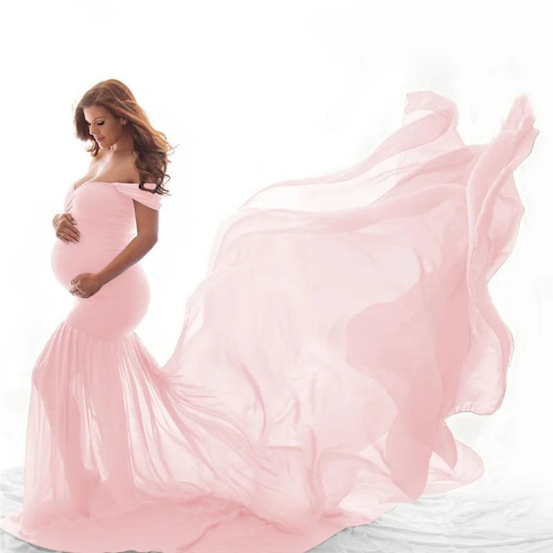 Lace maternity gown by Showlu Fashion Store, long sleeve pregnancy dress for photoshoots, elegant maxi dress for pregnant women.