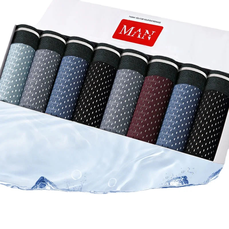 YIQXLICCB men's ice silk boxer shorts in an 8-pack, breathable and lightweight men's underwear, shown in various colors.