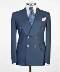 Men's white double-breasted wedding suit by Showlu Fashion, tailored with TR fabric, displayed on a hanger.