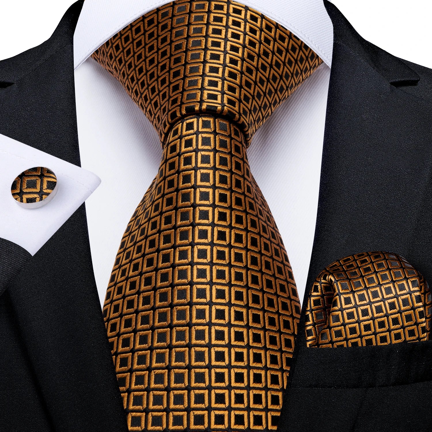 Gift Men Tie Luxury Gold Black Striped Paisley Silk Wedding Tie For Men DiBanGu Designer Hanky Cufflinks Fashion Tie Set