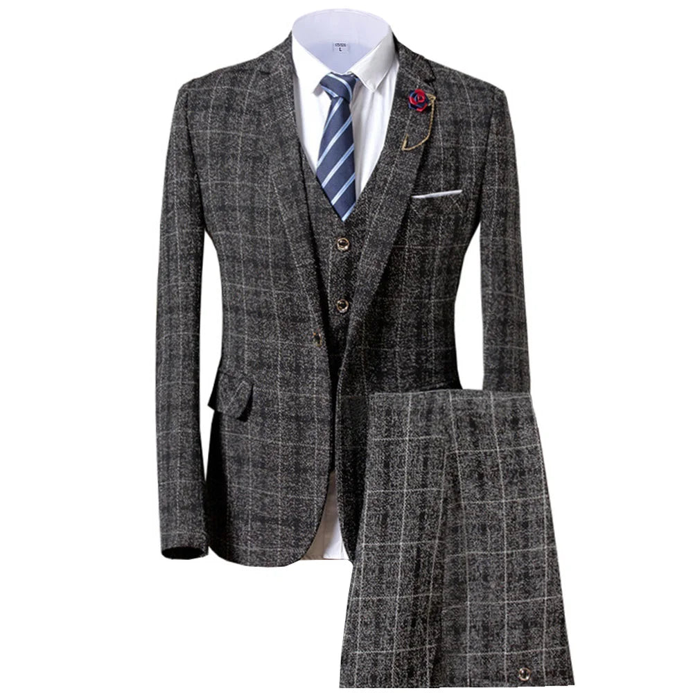 Grey/Brown Men's Suits 3 piece Plaid England Style Notched Lapel Business for Wedding Suits Men (Blazer+Vest+Pant)