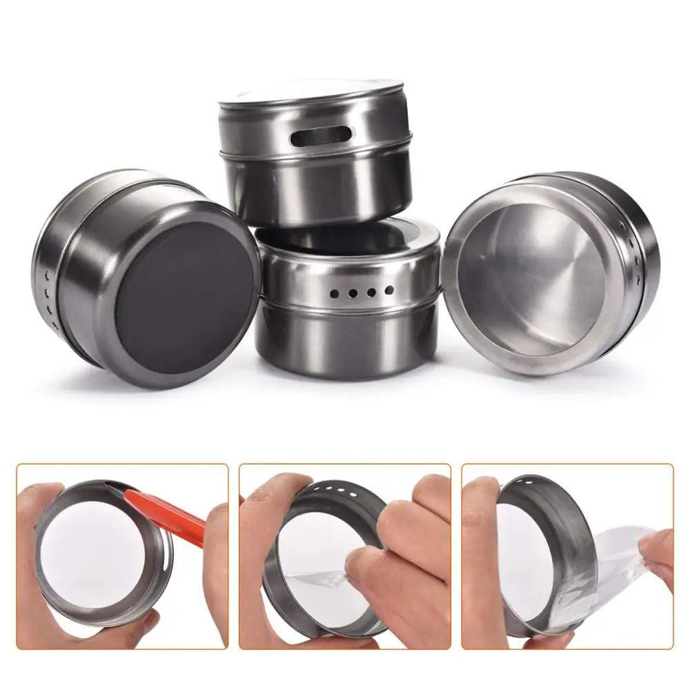 Magnetic stainless steel spice jar set by Showlu Smart General with labeled jars on a kitchen magnetic strip for organized storage.