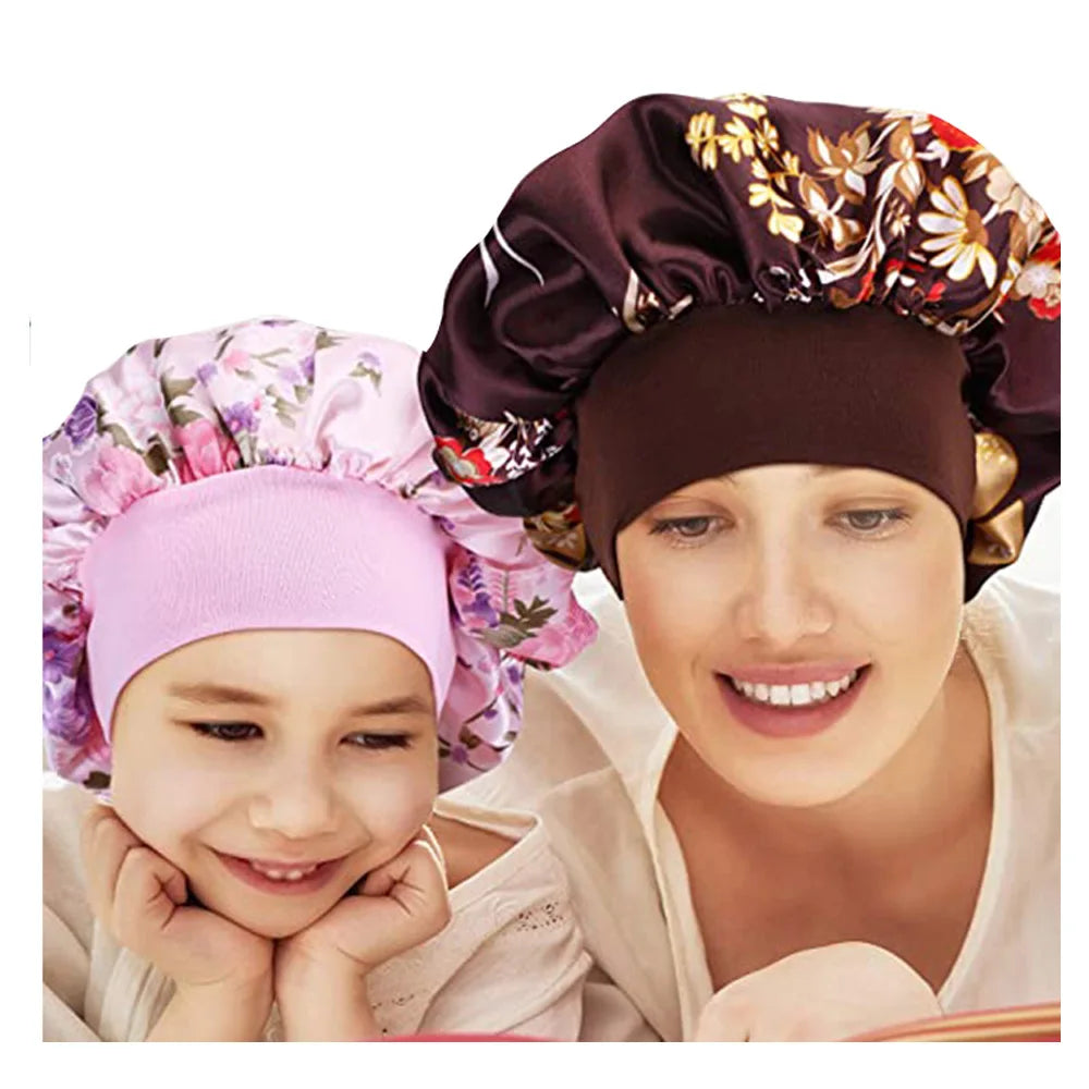 Elegant satin bonnet for women with elastic wide band, ideal for sleeping, hair loss coverage, and hair care.