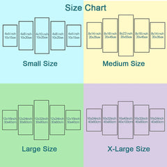 A size chart showing four different dimension options for a five-piece canvas wall art set.