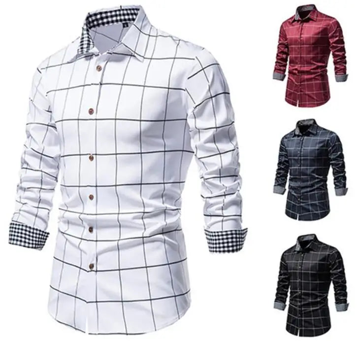 Men's plaid long sleeve casual shirt from Showlu Fashion Store, made of cotton blend fabric, styled with a cardigan look.
