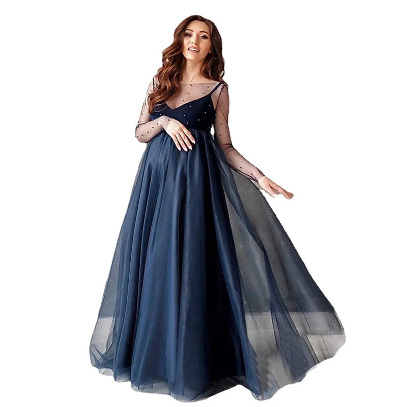 Lace maternity gown by Showlu Fashion Store, long sleeve maxi dress for pregnant women, perfect for pregnancy photoshoots.