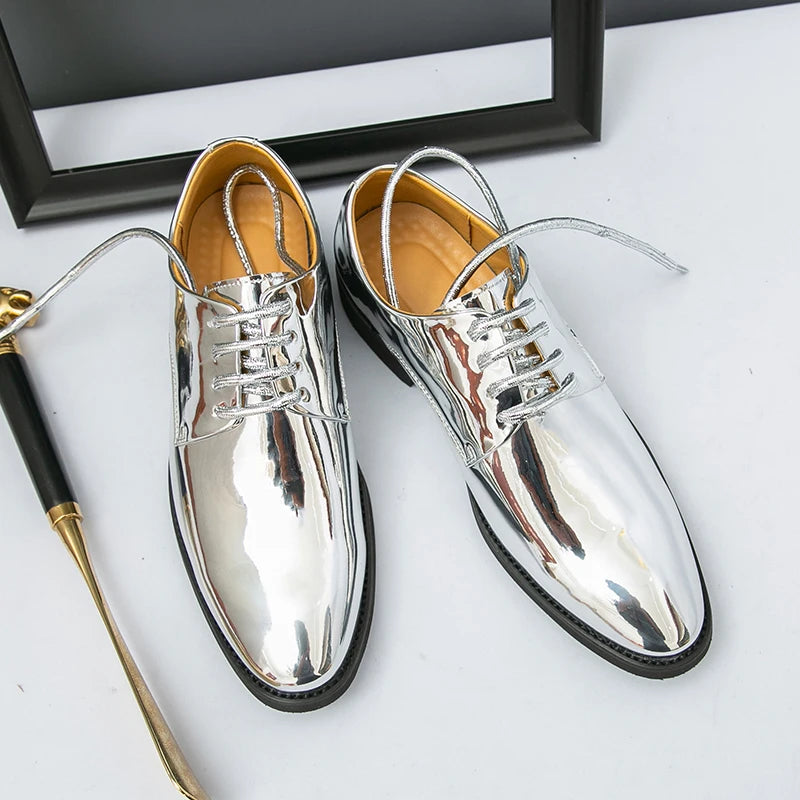 Showlu Fashion men's mirror derby shoe with pointed toe, lace-up design, suitable for business or wedding dress occasions.
