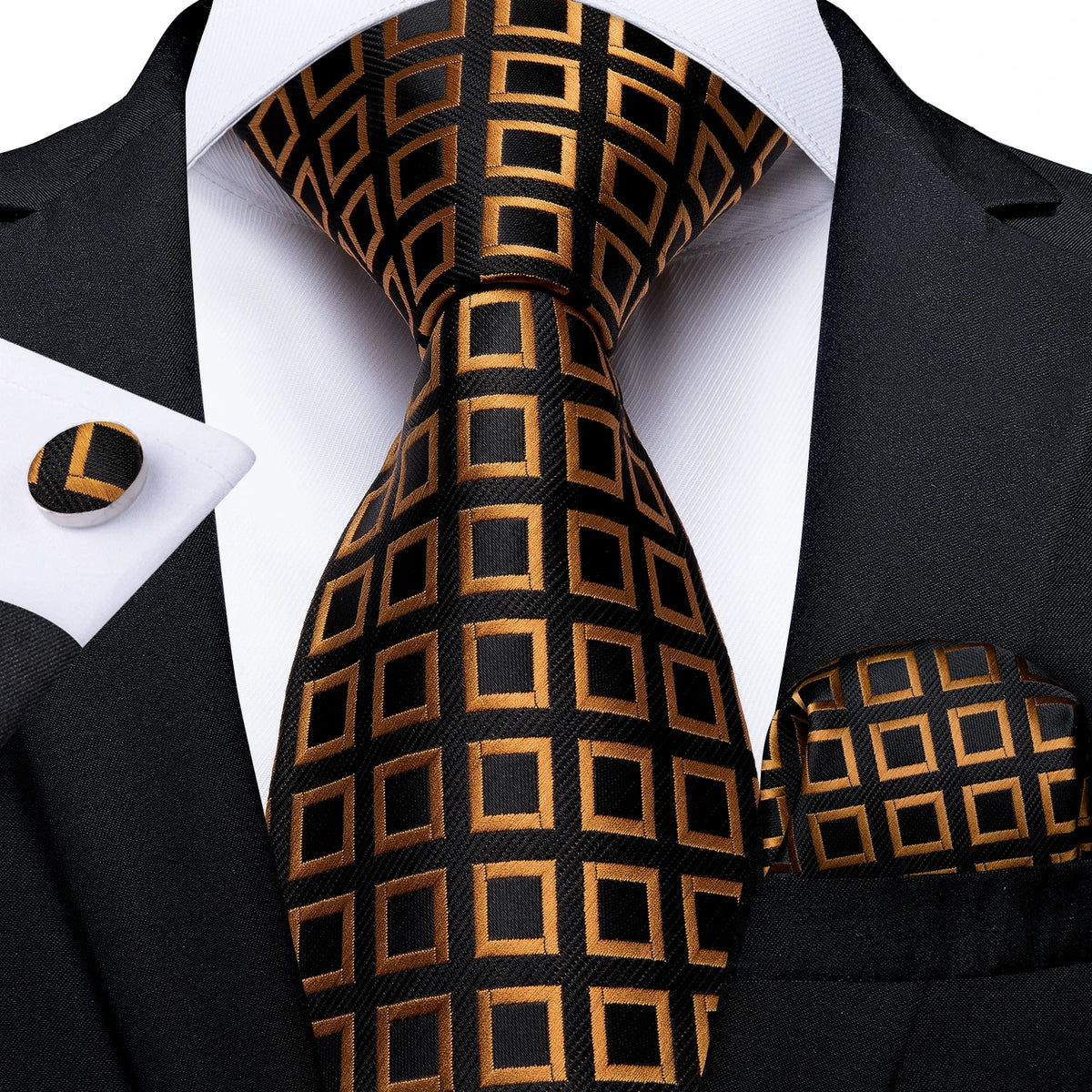Gift Men Tie Luxury Gold Black Striped Paisley Silk Wedding Tie For Men DiBanGu Designer Hanky Cufflinks Fashion Tie Set