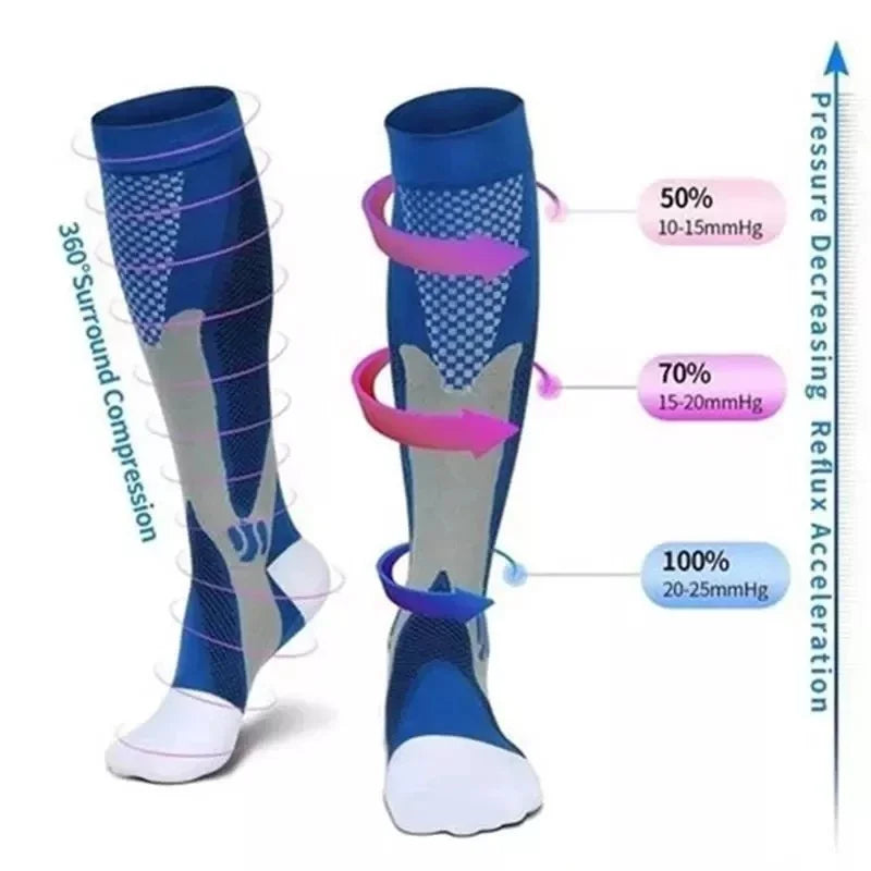 Black compression socks for men and women, designed for running and sports, with anti-fatigue and pain relief features.