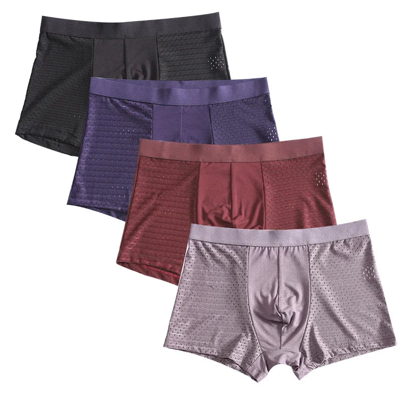 Men's bamboo fiber boxer shorts in a 4-pack, breathable plus size underwear, shown in black and gray colors.
