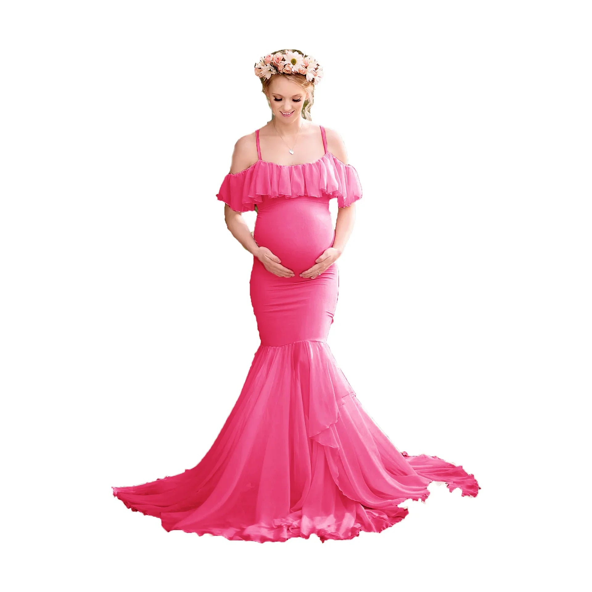 Off-shoulder Kacakid Mermaid Maternity Gown by SHOWLU FASHION STORE, flowing chiffon photography dress for expectant mothers.