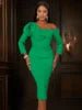 Showlu Fashion women's plus size V-neck midi bodycon dress with 3D lace details displayed on a model.