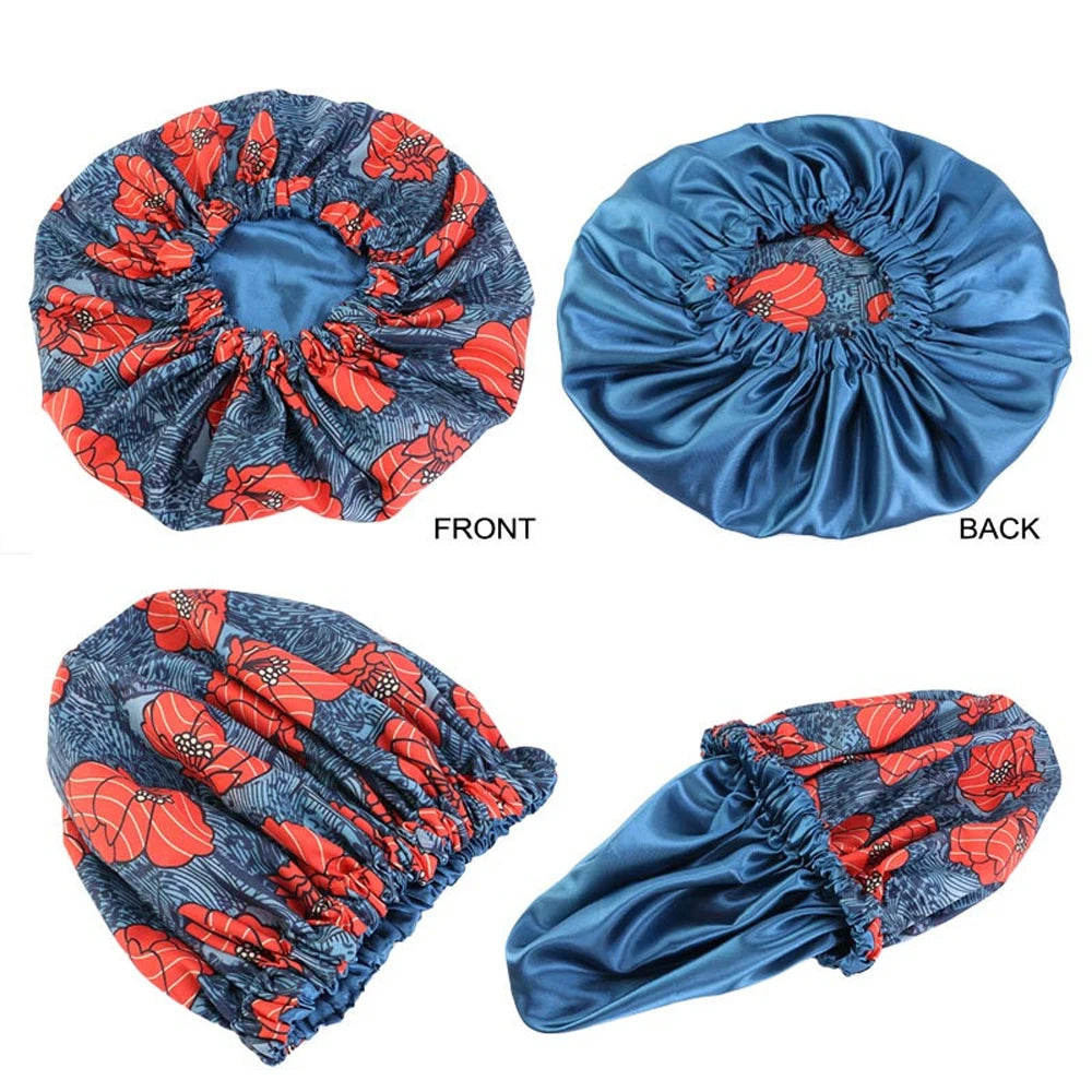 Women’s African pattern Ankara print sleep cap with satin lining, soft, extra-large headwrap for hair care and comfort.